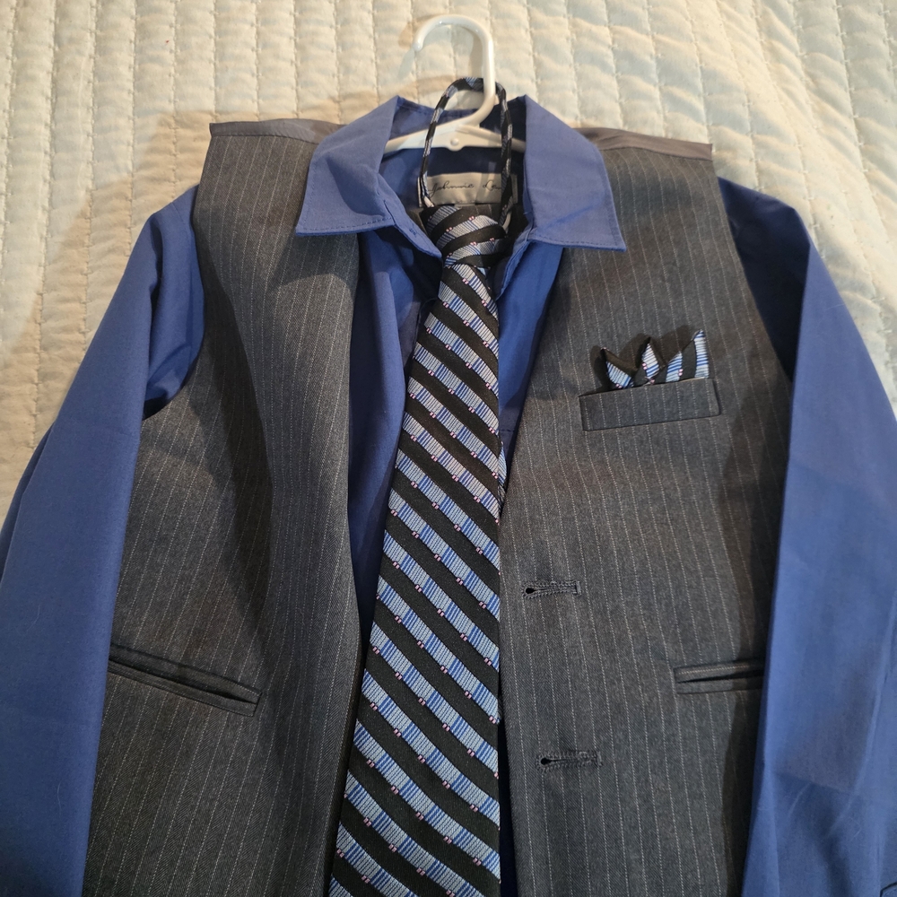 Kids Gray Pinstripe Vest Set with Blue Shirt